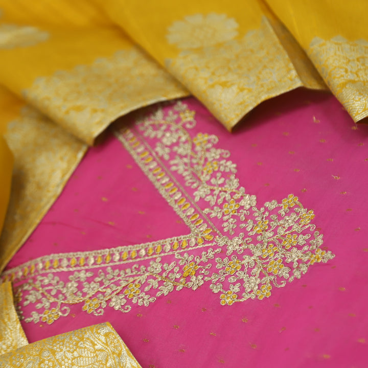 Alhada Rose Pink Zari Embroidery V Neck Chanderi Silk Suit Set