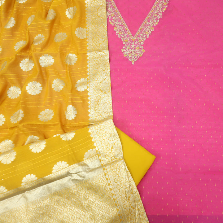 Alhada Rose Pink Zari Embroidery V Neck Chanderi Silk Suit Set