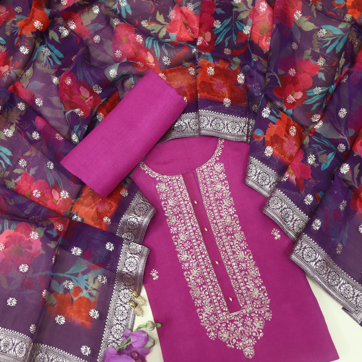 Alhada Crimson Purple Zari Embroidery Dola Silk Suit Set