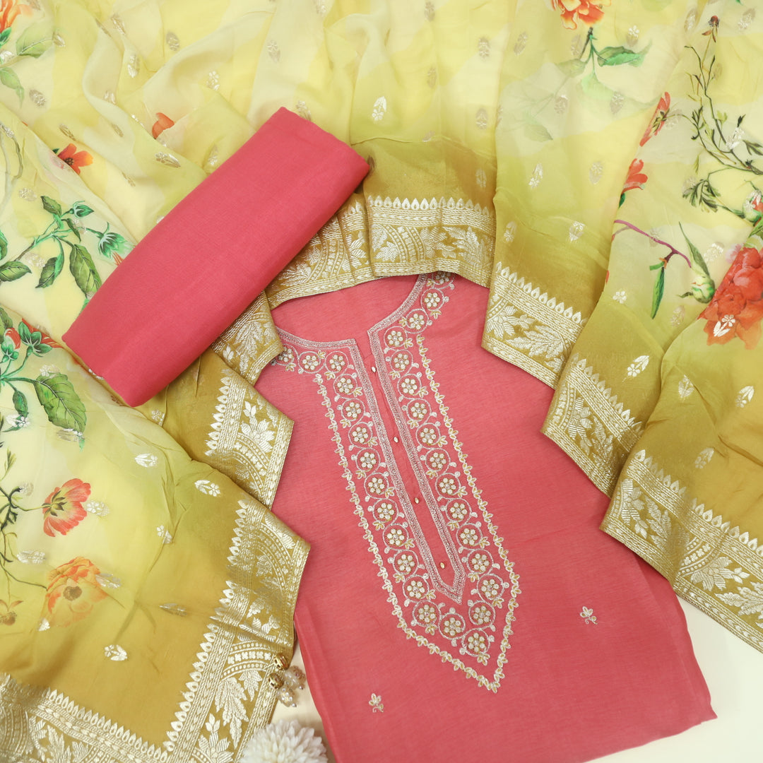 Ehmiyat Bittersweet Orange Zari Embroidered Dola Silk Set