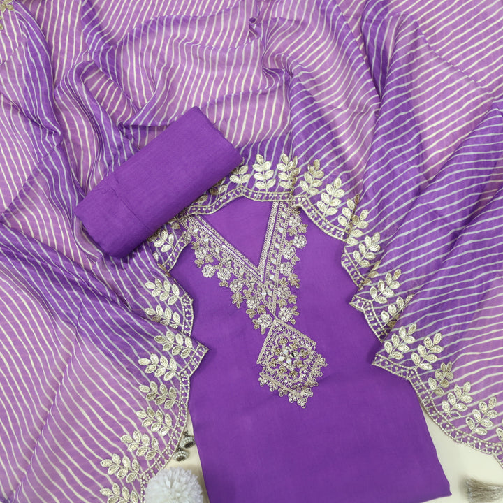 Alhada Munsell Purple Zari V Neck Dola Silk Suit Set