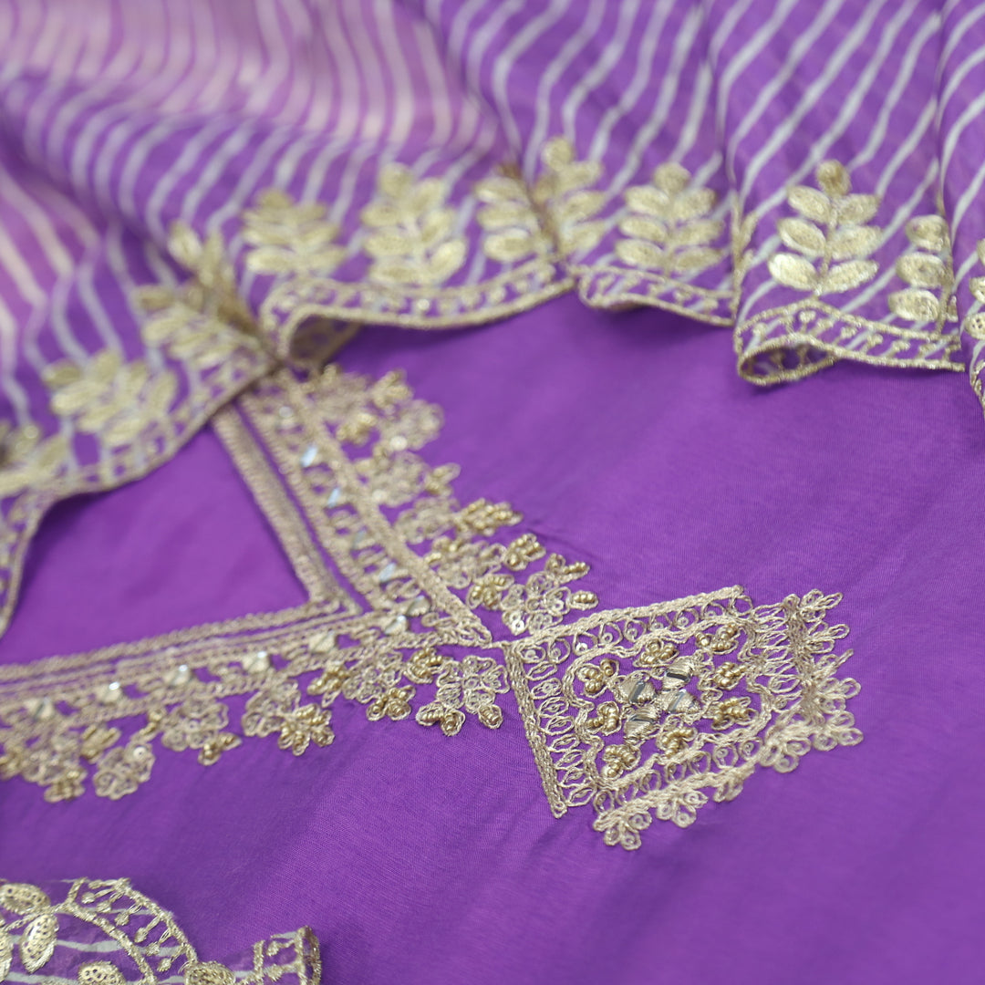 Alhada Munsell Purple Zari V Neck Dola Silk Suit Set