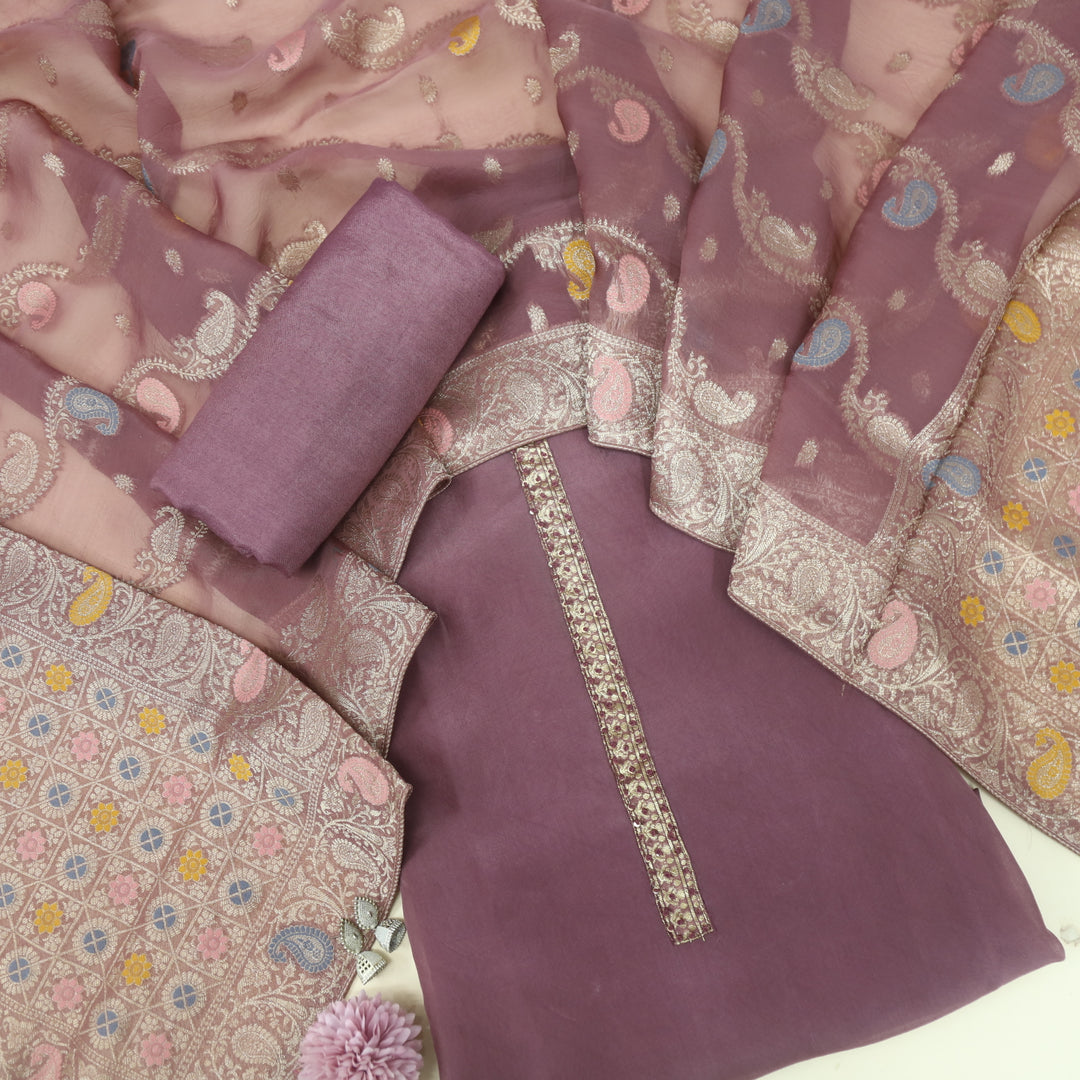 Alhada Grape Purple Lace Work Neck Organza Suit Set