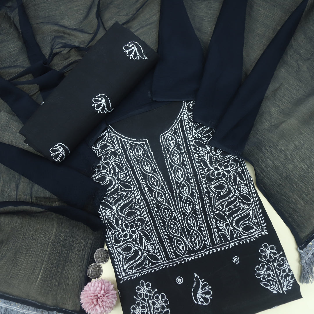 Izhaar Ebony Black Authentic Chikankari Cotton Suit Set-D4