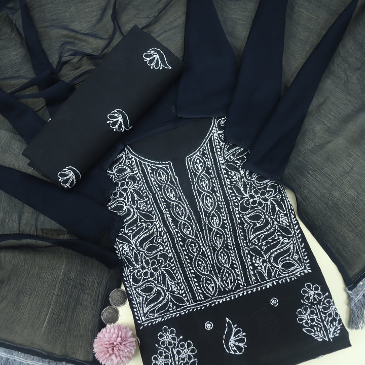 Izhaar Ebony Black Authentic Chikankari Cotton Suit Set-D4