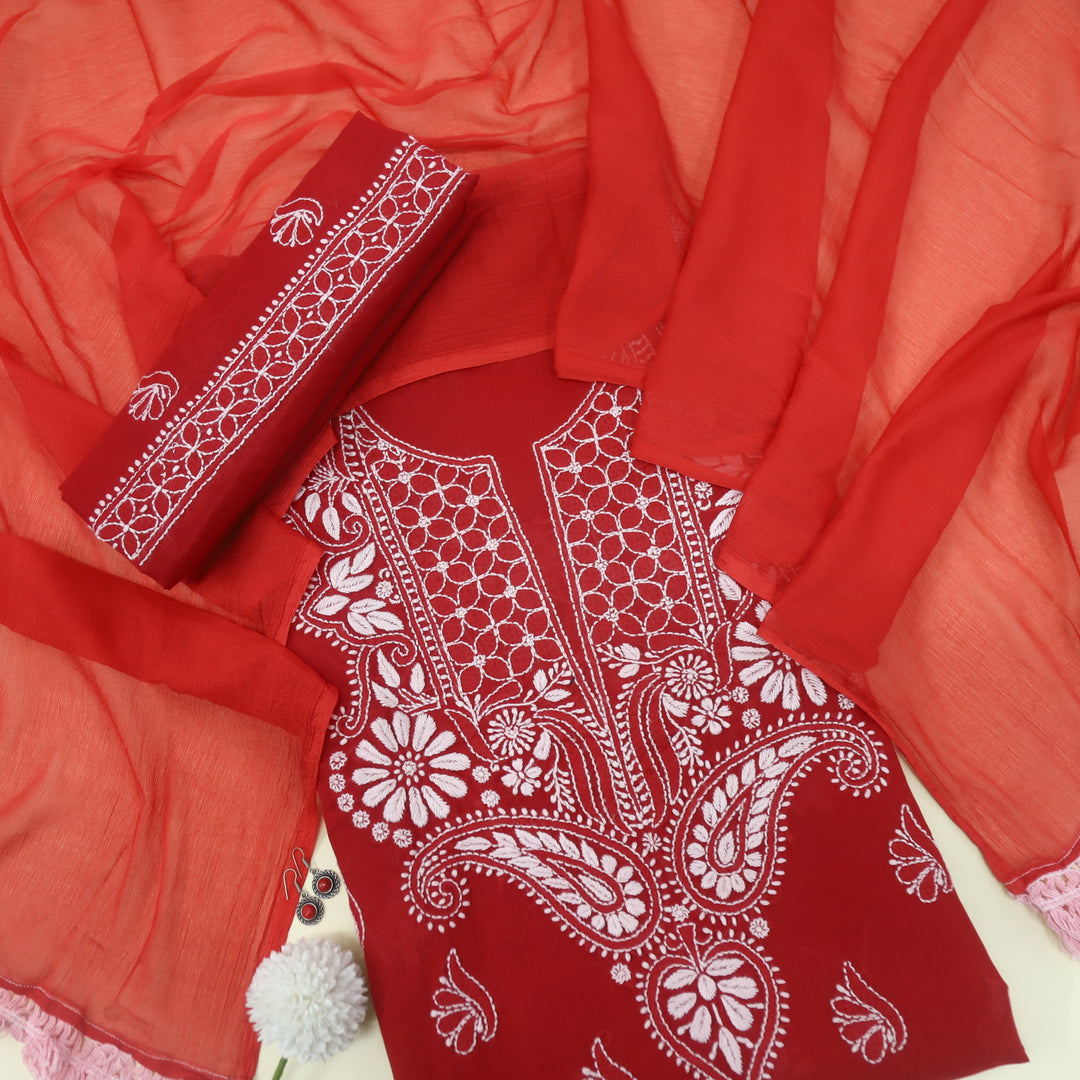 Izhaar Cherry Red Authentic Chikankari Cotton Suit Set-D2