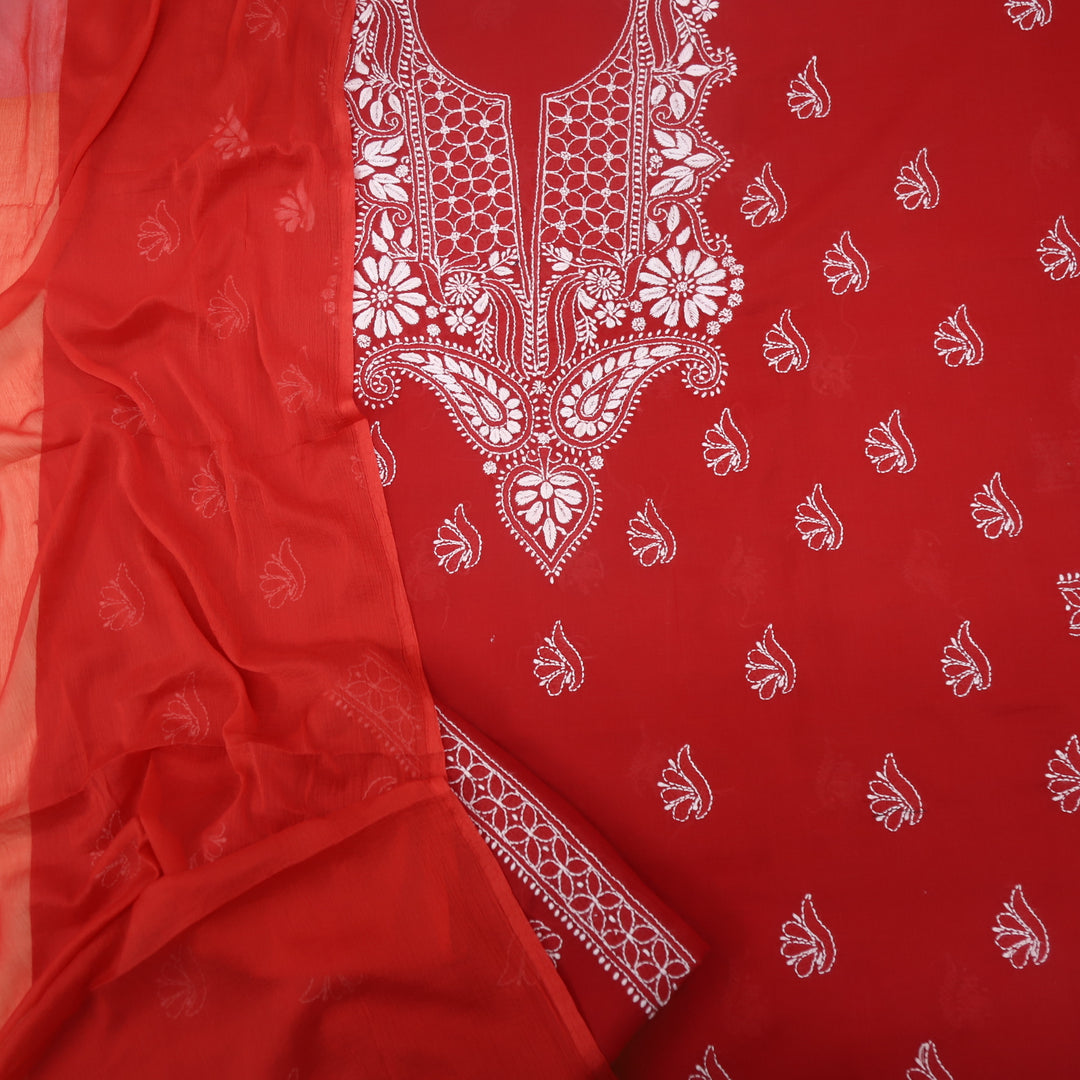 Izhaar Cherry Red Authentic Chikankari Cotton Suit Set-D2