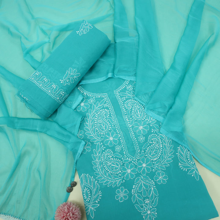Izhaar Pine Teal Authentic Chikankari Cotton Suit Set D1