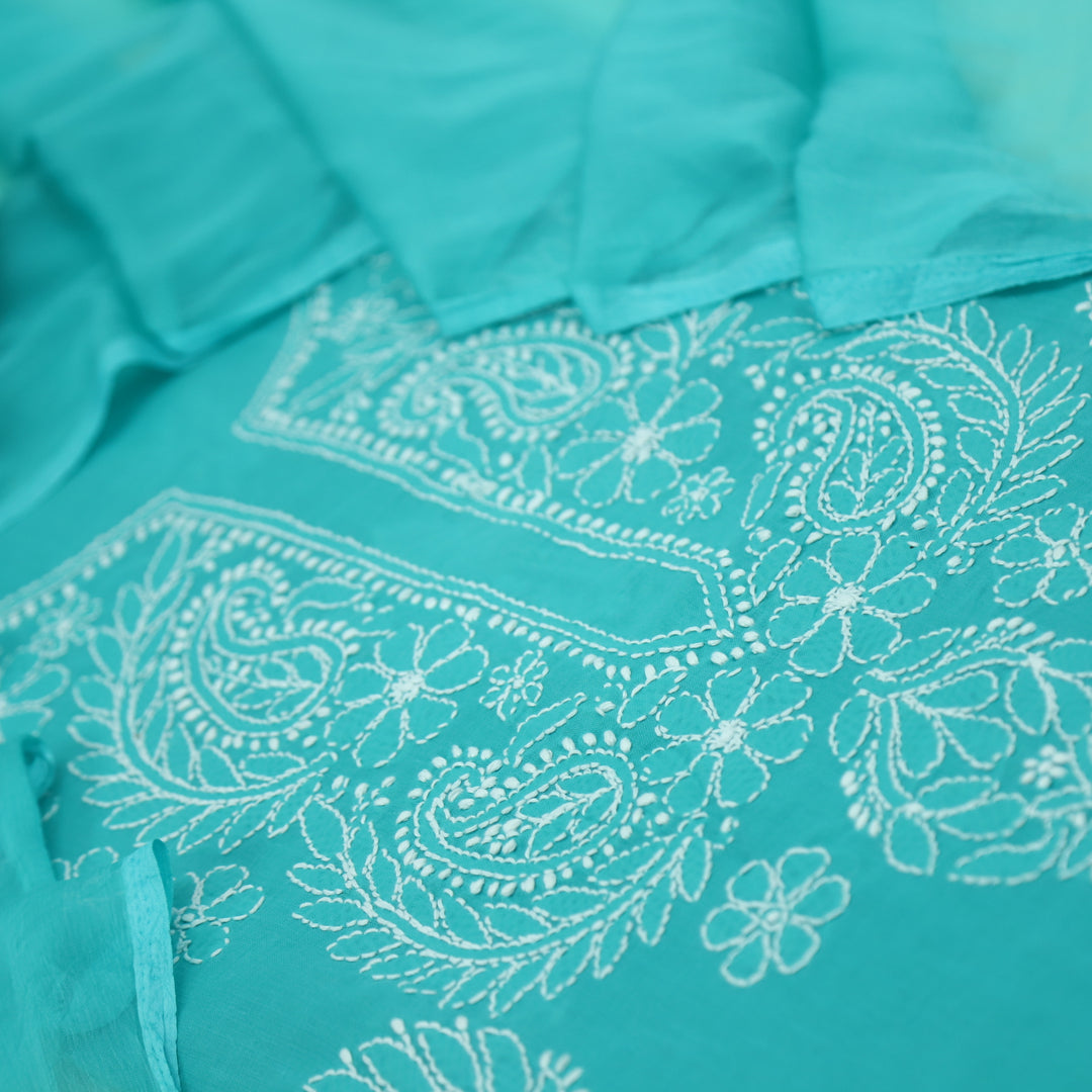 Izhaar Pine Teal Authentic Chikankari Cotton Suit Set D1