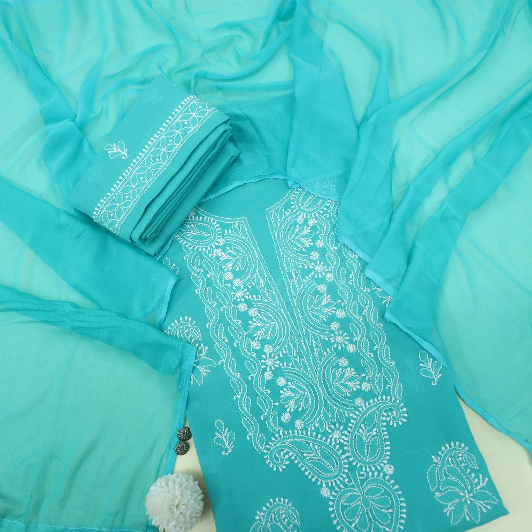 Izhaar Pine Teal Authentic Chikankari Cotton Suit Set D2