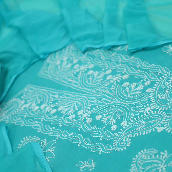 Izhaar Pine Teal Authentic Chikankari Cotton Suit Set D2