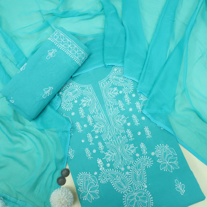 Izhaar Pine Teal Authentic Chikankari Cotton Suit Set D4