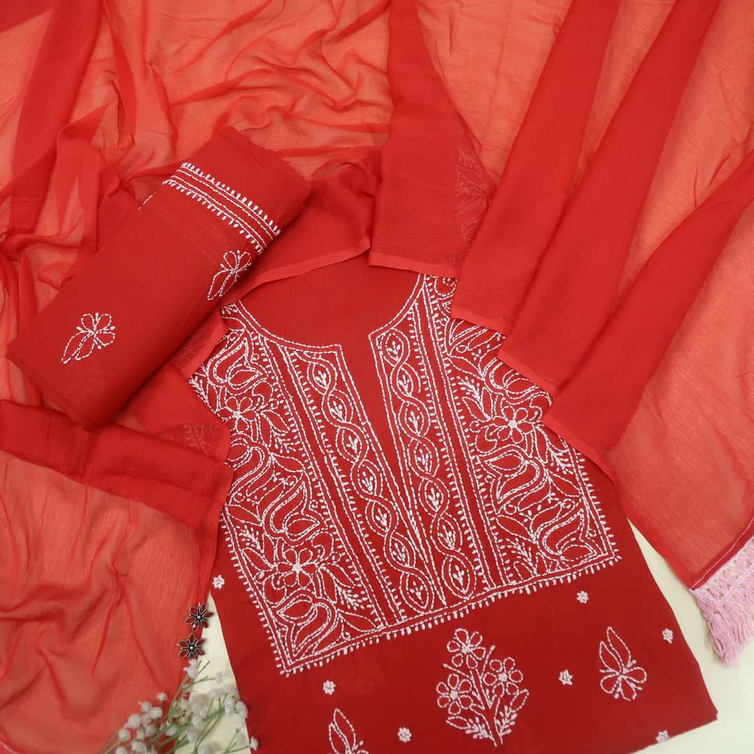 Izhaar Cherry Red Authentic Chikankari Cotton Suit Set D1