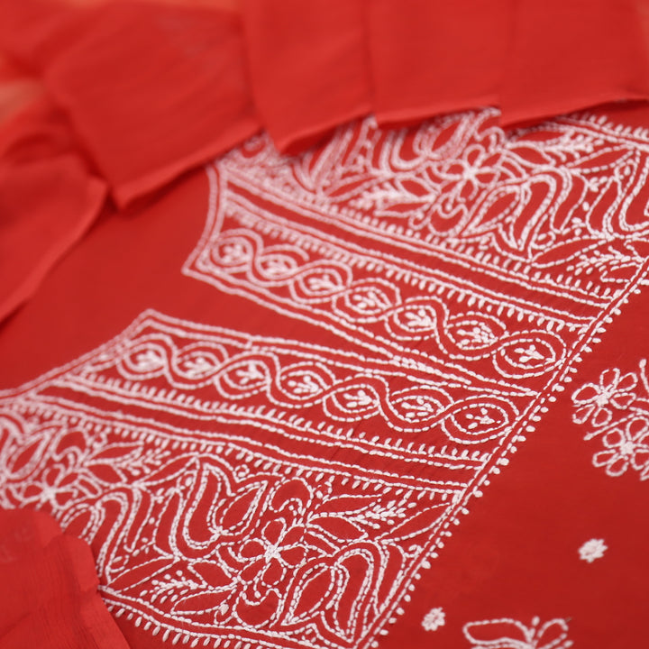 Izhaar Cherry Red Authentic Chikankari Cotton Suit Set D1