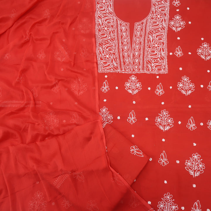 Izhaar Cherry Red Authentic Chikankari Cotton Suit Set D1