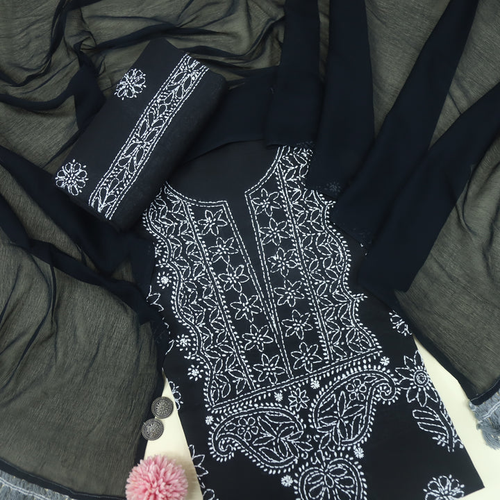 Izhaar Ebony Black Authentic Chikankari Cotton Suit Set D1