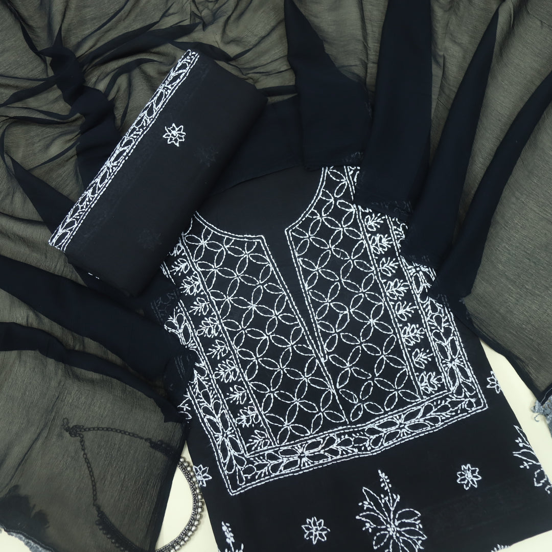 Izhaar Ebony Black Authentic Chikankari Cotton Suit Set D3
