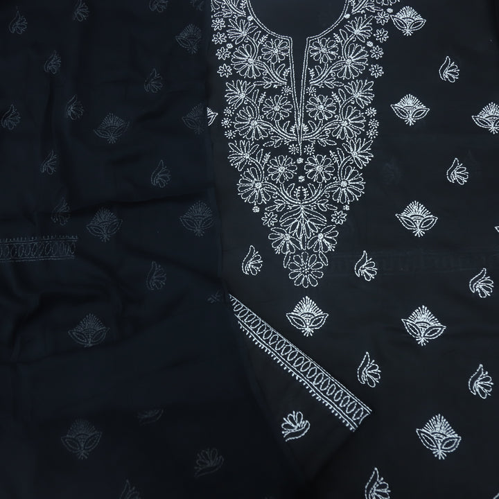 Izhaar Ebony Black Authentic Chikankari Cotton Suit Set D2