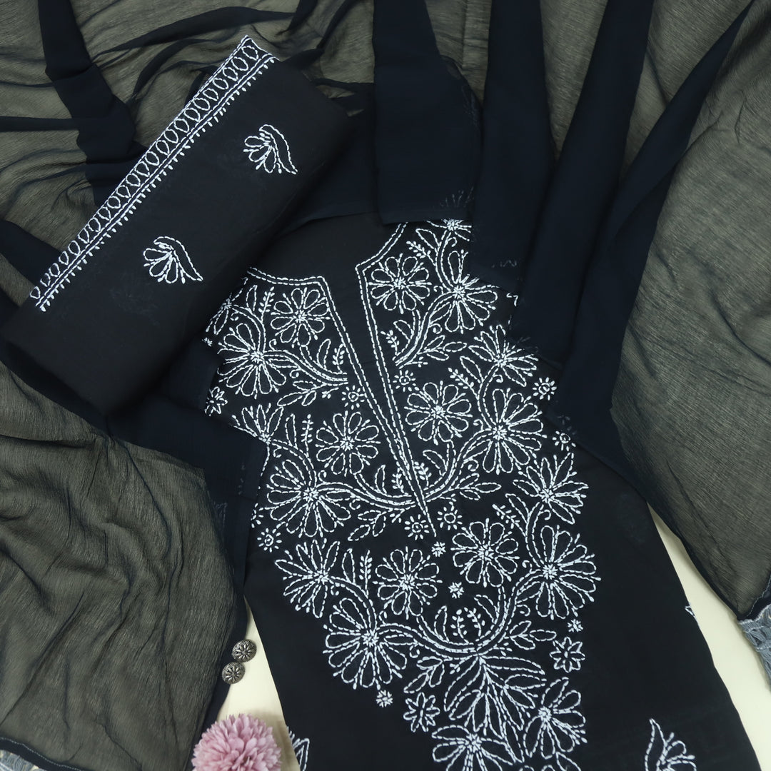 Izhaar Ebony Black Authentic Chikankari Cotton Suit Set D2