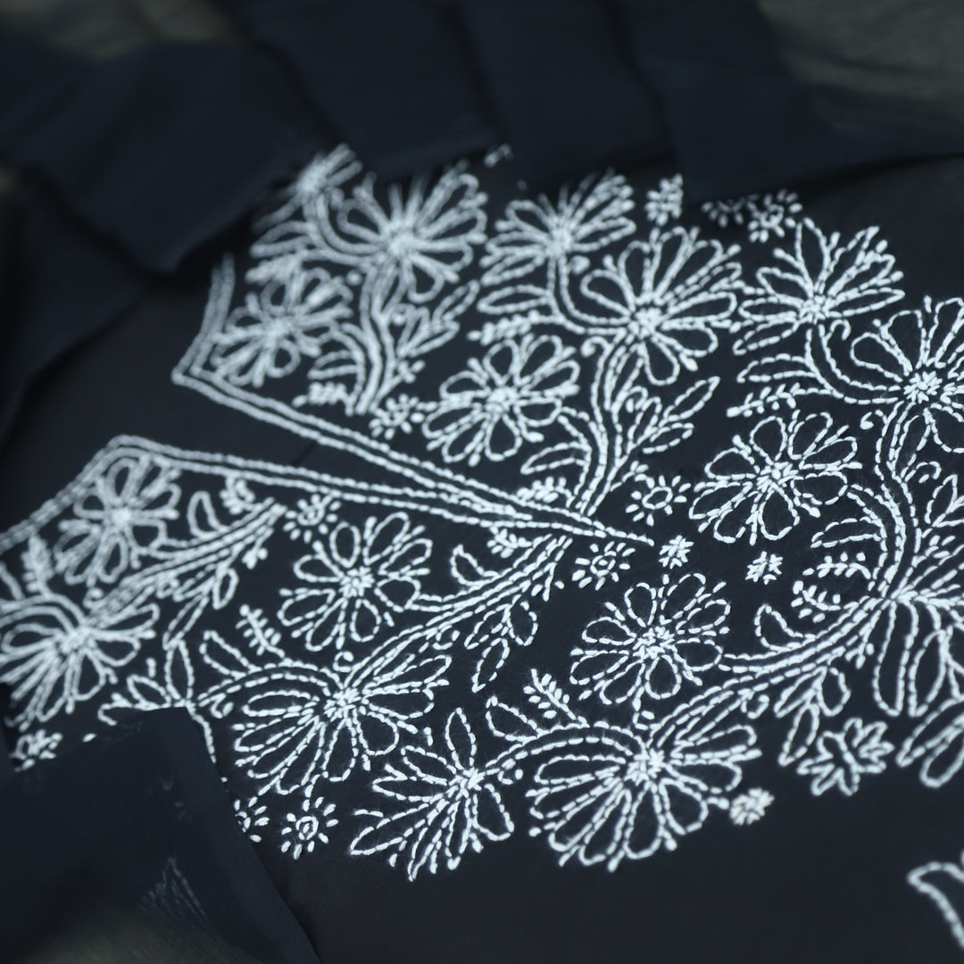 Izhaar Ebony Black Authentic Chikankari Cotton Suit Set D2