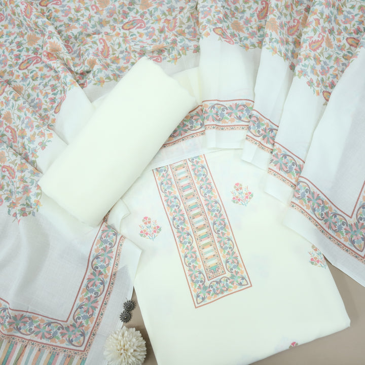 Khursheed Peal White Digital Printed Semi Pashmina Winter Suit Set-D1