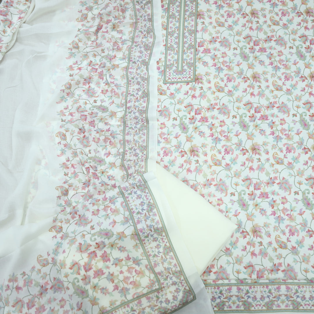 Khursheed Peal White Digital Printed Semi Pashmina Winter Suit Set -D6