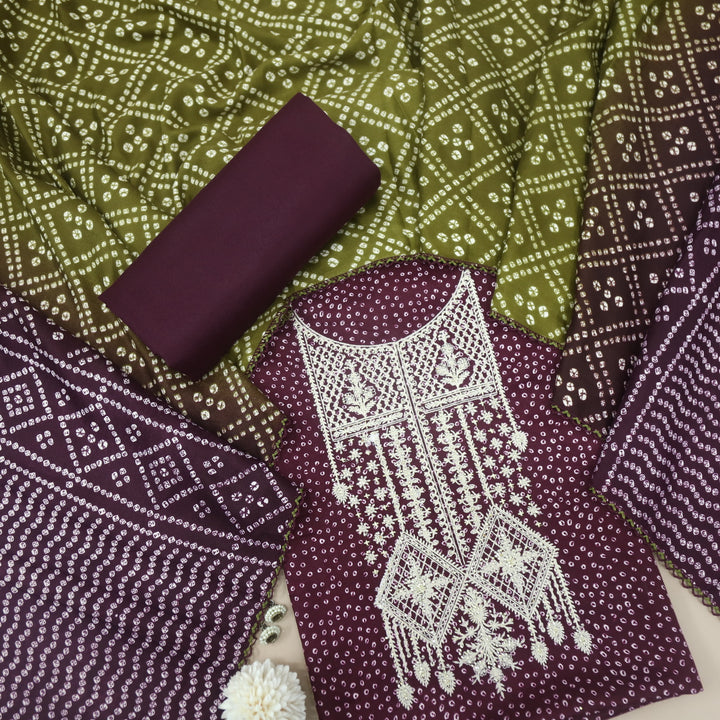 Sohneya Eggplant Purple Bandhani Printed Semi Pashmina Suit Set