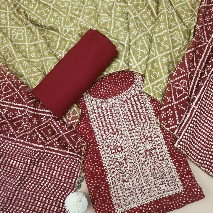 Sohneya Maroon Red Bandhani Printed Semi Pashmina Suit Set