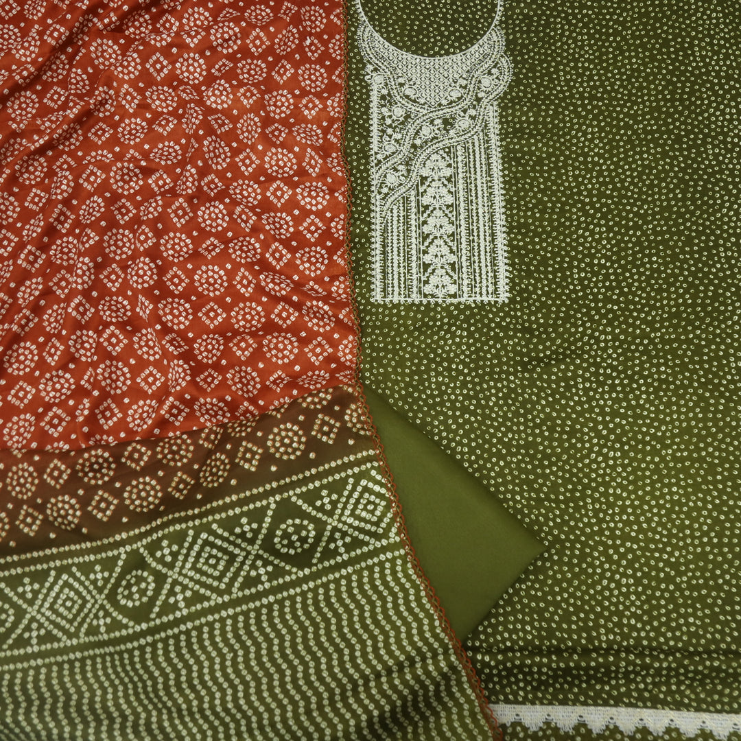 Sohneya Mehndi Green Bandhani Printed Semi Pashmina Suit Set