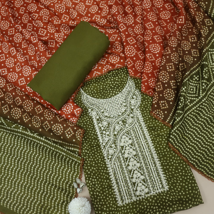 Sohneya Mehndi Green Bandhani Printed Semi Pashmina Suit Set