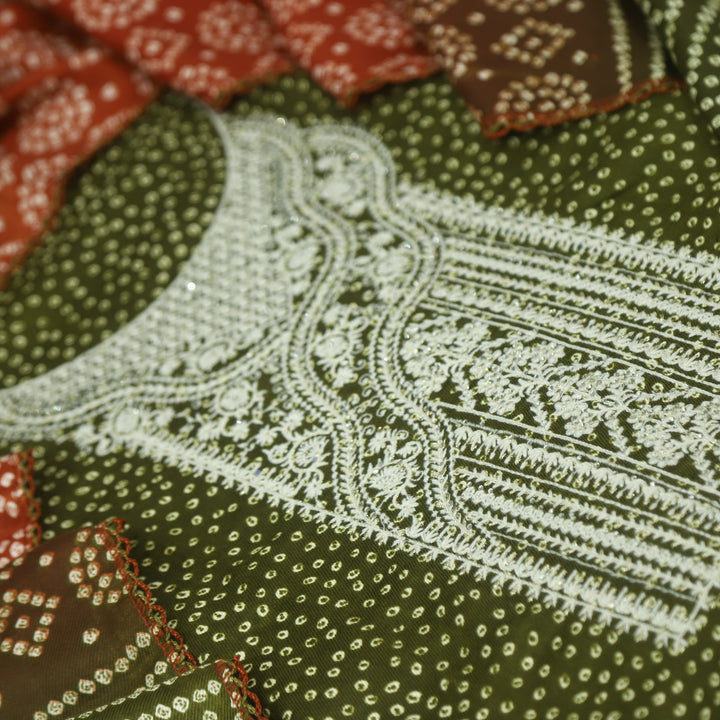 Sohneya Mehndi Green Bandhani Printed Semi Pashmina Suit Set
