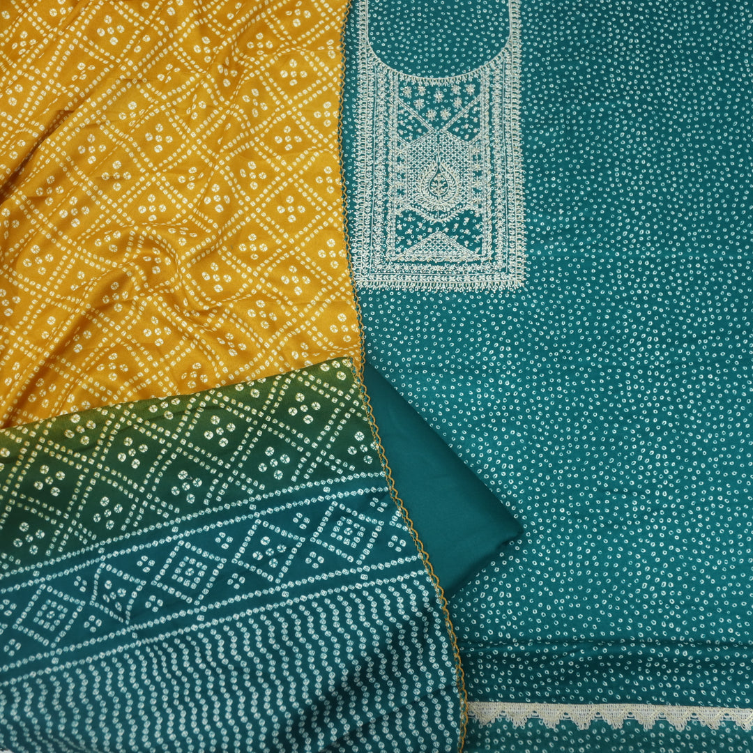 Sohneya Teal Blue Bandhani Printed Semi Pashmina Suit Set