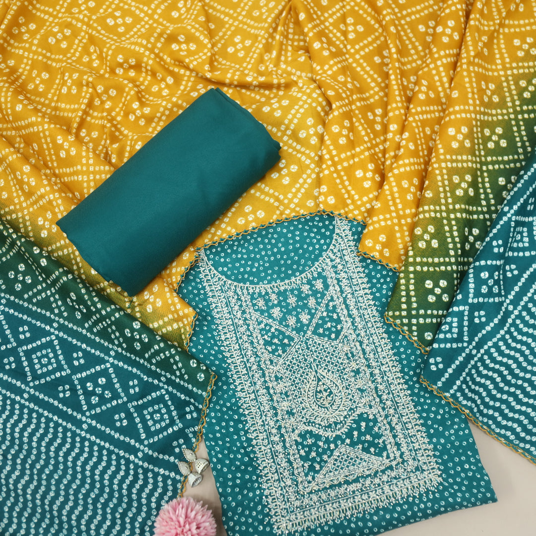 Sohneya Teal Blue Bandhani Printed Semi Pashmina Suit Set