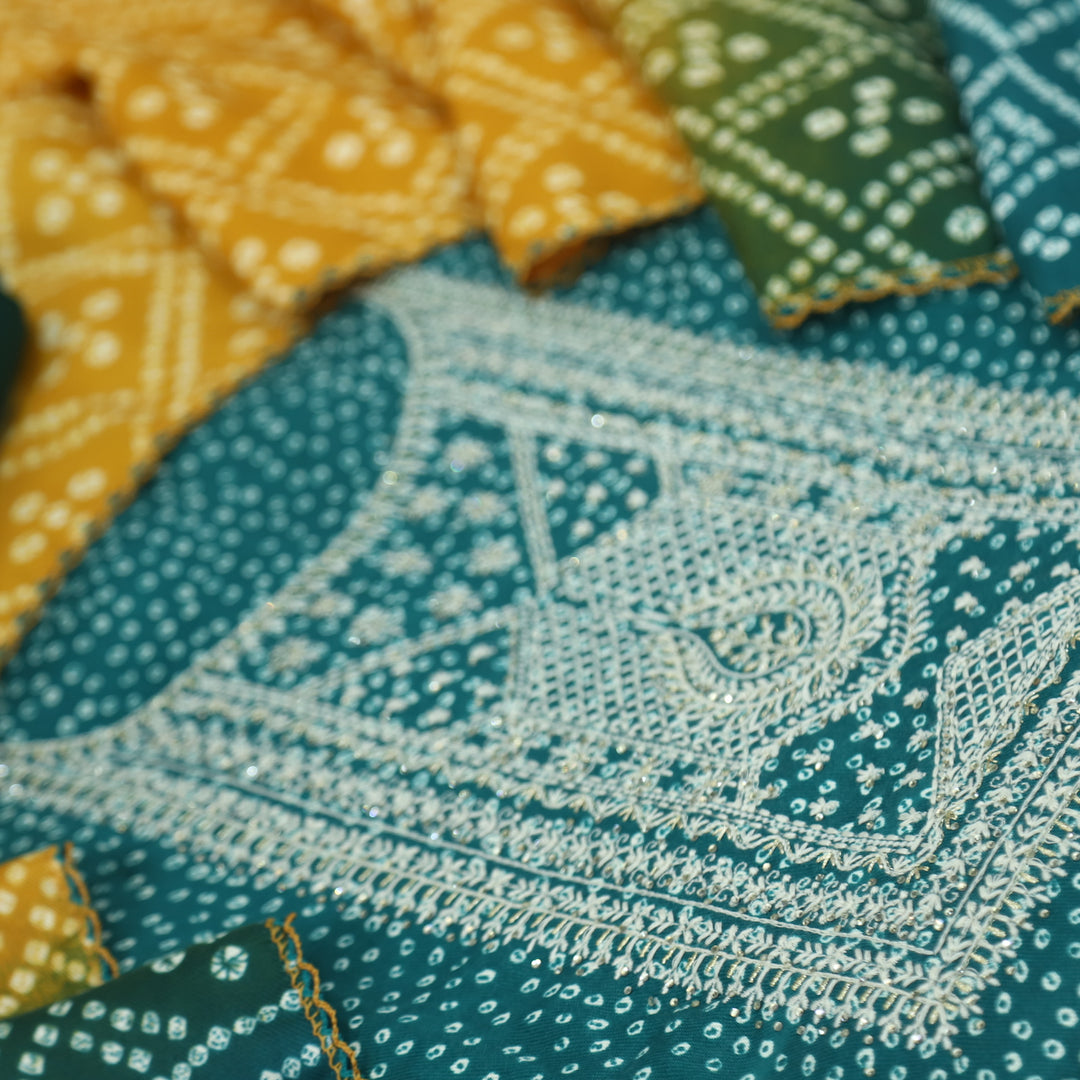 Sohneya Teal Blue Bandhani Printed Semi Pashmina Suit Set