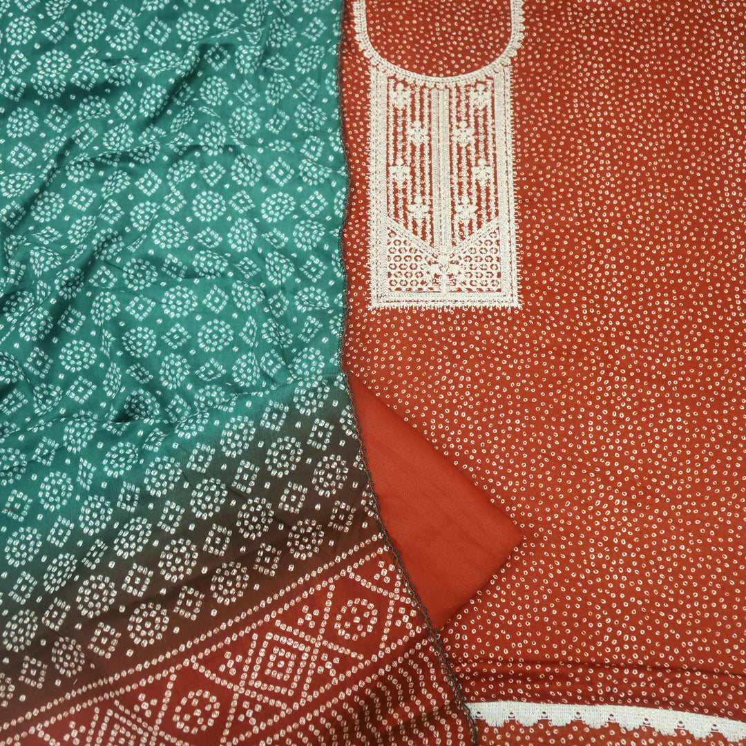 Sohneya Fire Red Bandhani Printed Semi Pashmina Suit Set