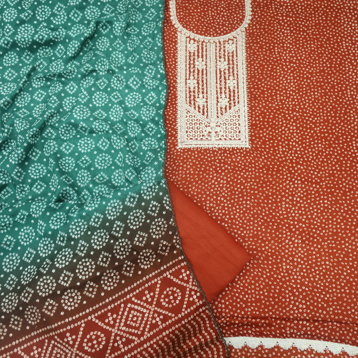 Sohneya Fire Red Bandhani Printed Semi Pashmina Suit Set