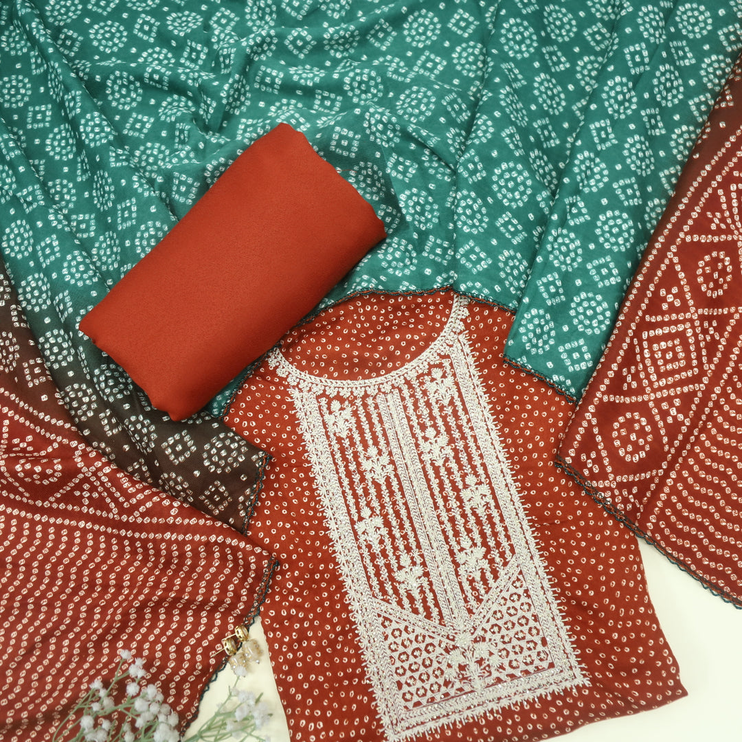 Sohneya Fire Red Bandhani Printed Semi Pashmina Suit Set