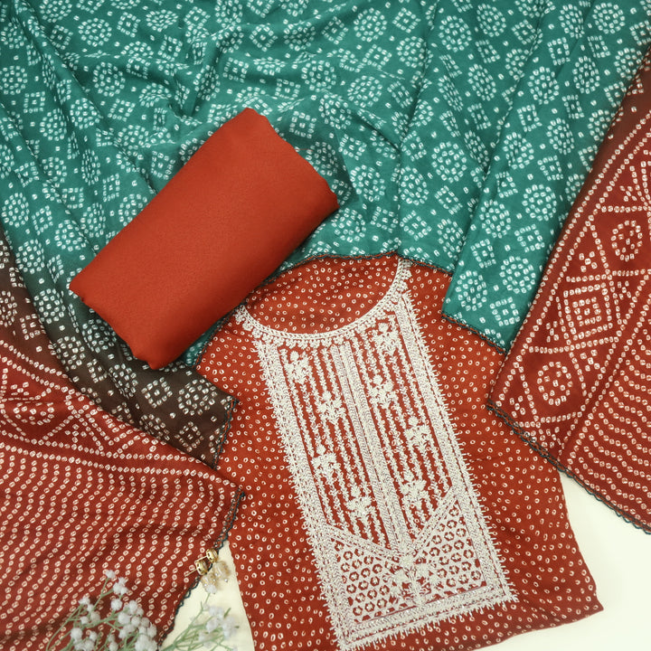 Sohneya Fire Red Bandhani Printed Semi Pashmina Suit Set