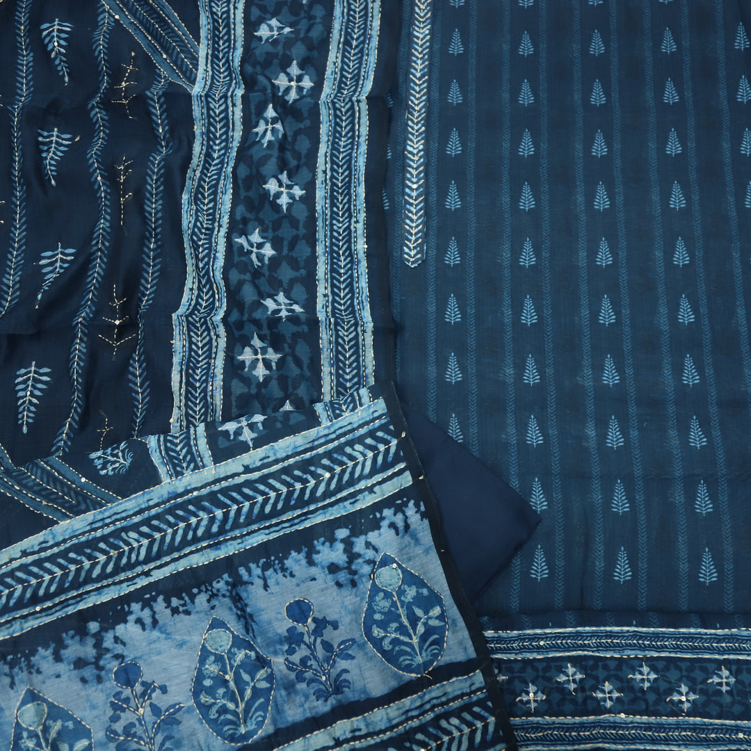 Keher Oxford Blue Kantha Embroidery Chanderi Suit Set