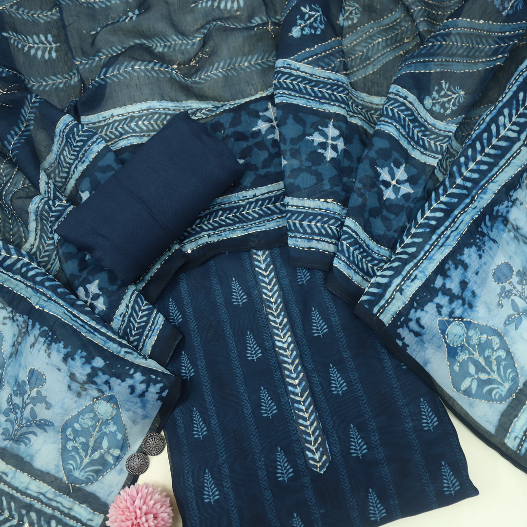 Keher Oxford Blue Kantha Embroidery Chanderi Suit Set