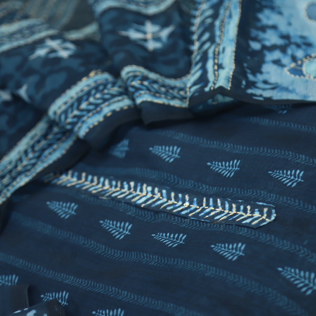 Keher Oxford Blue Kantha Embroidery Chanderi Suit Set