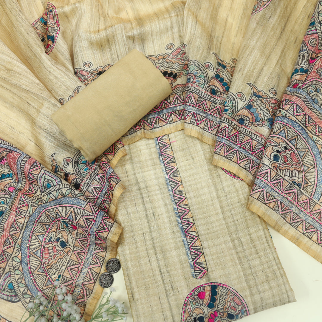 Keher Flax Yellow Kantha Embroidery Chanderi Suit Set