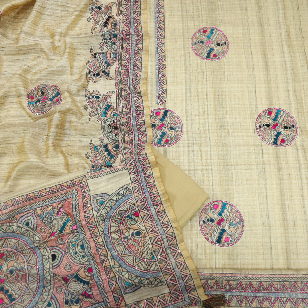 Keher Flax Yellow Kantha Embroidery Chanderi Suit Set