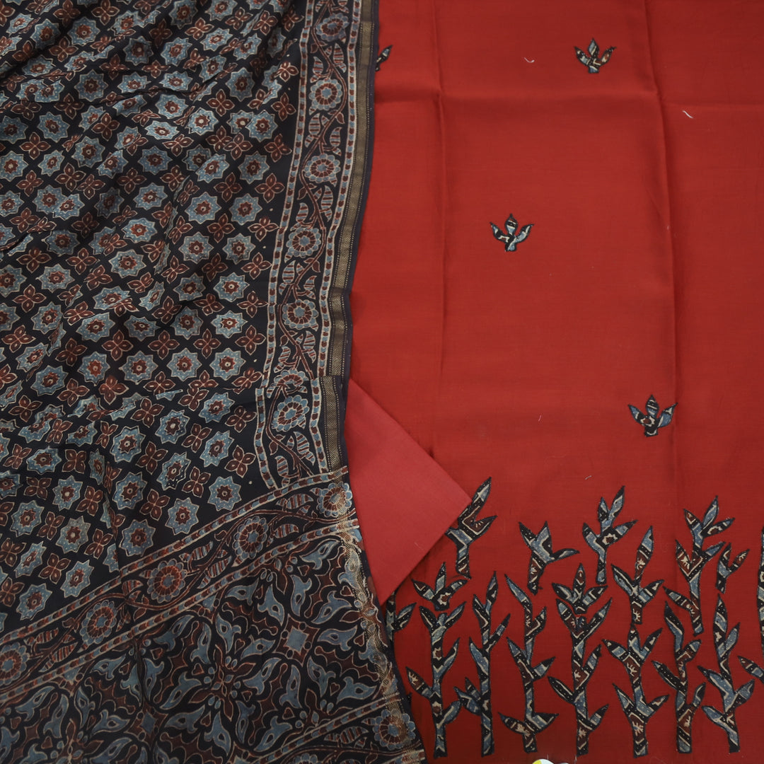 Jang Barn Red Applique Work Chanderi Top and Dupatta Set