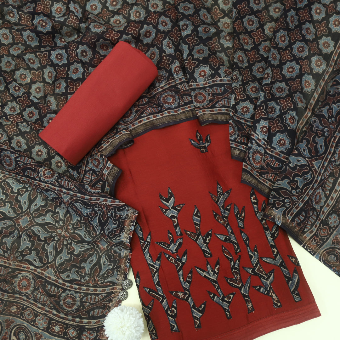 Jang Barn Red Applique Work Chanderi Top and Dupatta Set
