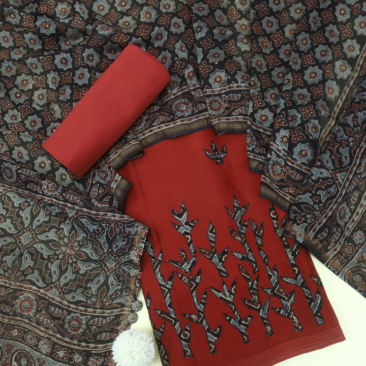 Jang Barn Red Applique Work Chanderi Top and Dupatta Set
