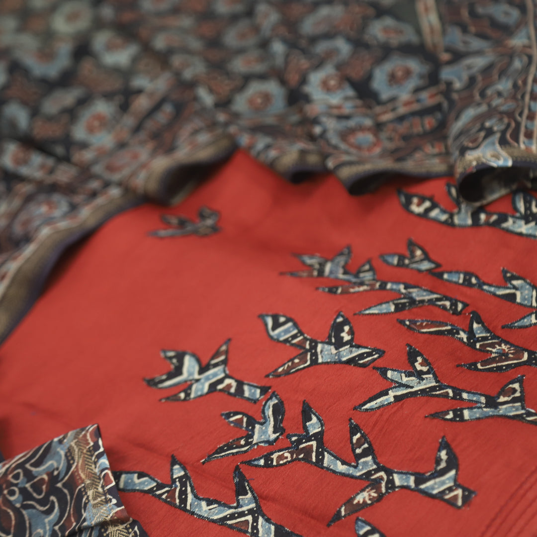 Jang Barn Red Applique Work Chanderi Top and Dupatta Set