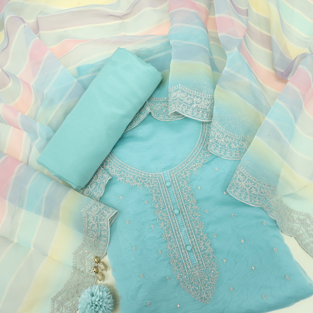 Khoobsurat Artic Blue Embroidered Organza Suit Set