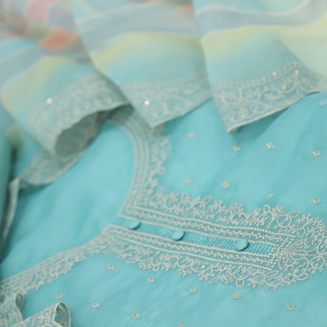 Khoobsurat Artic Blue Embroidered Organza Suit Set