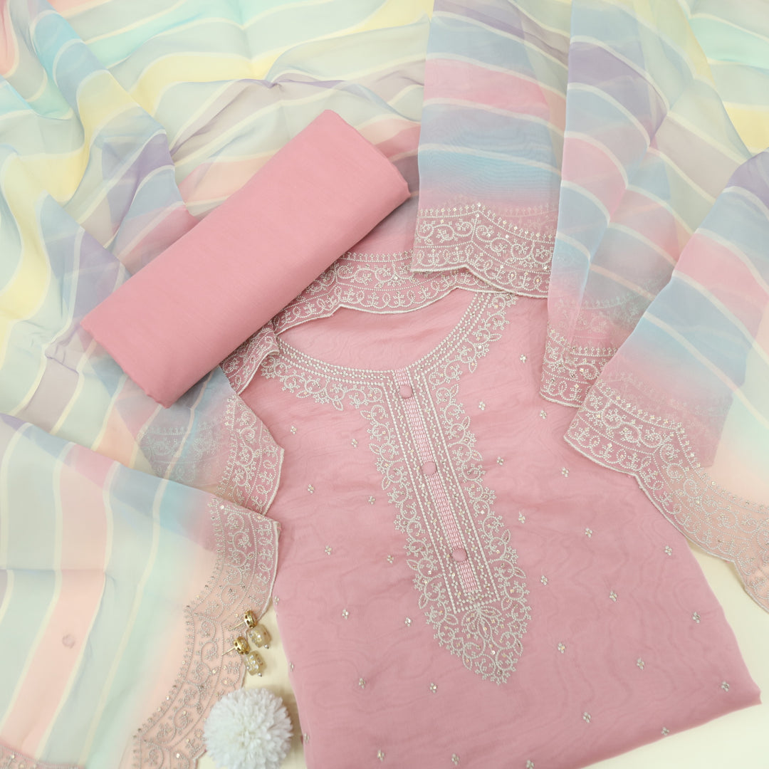 Khoobsurat Bubblegum Pink Embroidered Organza Suit Set